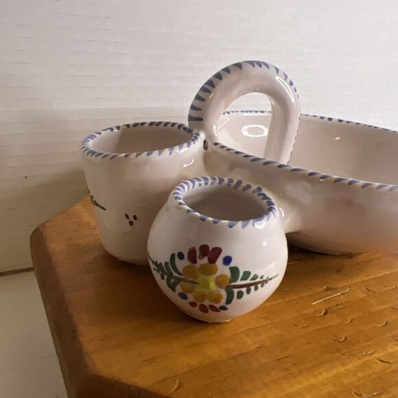 Made in Spain Olive Bowl with Toothpick Salt Holder Painted pottery Bowl Server - Picture 2 of 14